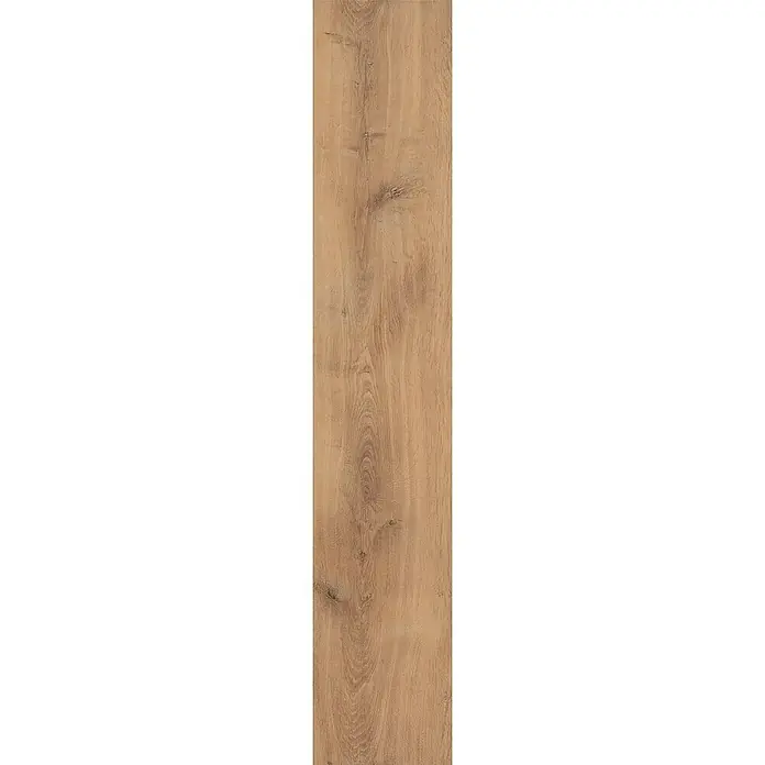 b!design Vinylboden SPC - Cognac Eiche, Landhausdiele, 1.220 x 182 x 4,3 mm - Nahaufnahme einer einzelnen Paneele des warmen Holzdekor-Vinylbodens, die die natürliche Maserung und Textur des Produkts hervorhebt.