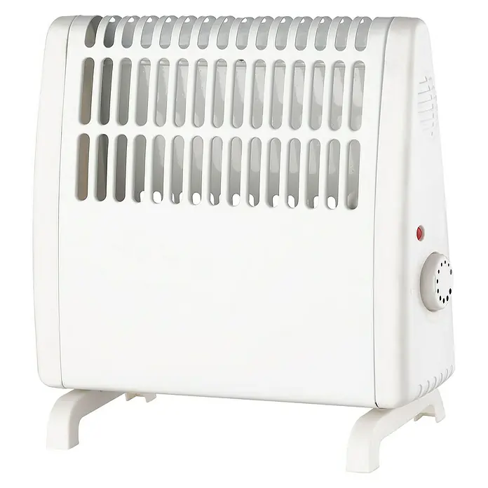 Voltomat Convector antiheladas - 500 W, Habitaciones de hasta 20 m², Blanco - Primer plano de un calefactor blanco con ranuras para la liberación de calor y un dial para controlar el nivel de calor.