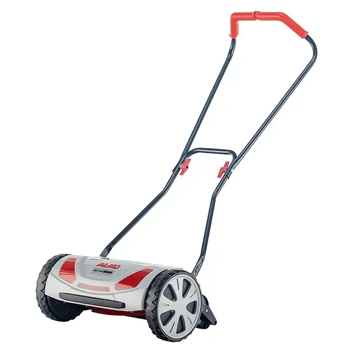 AL-KO Comfort Spindelmäher Razor Cut 38.1 HM - Schnittbreite: 38 cm - Ein AL-KO Handrasenmäher mit rot-silbernem Design und einem ergonomischen Griff für einfache Gartenarbeit.