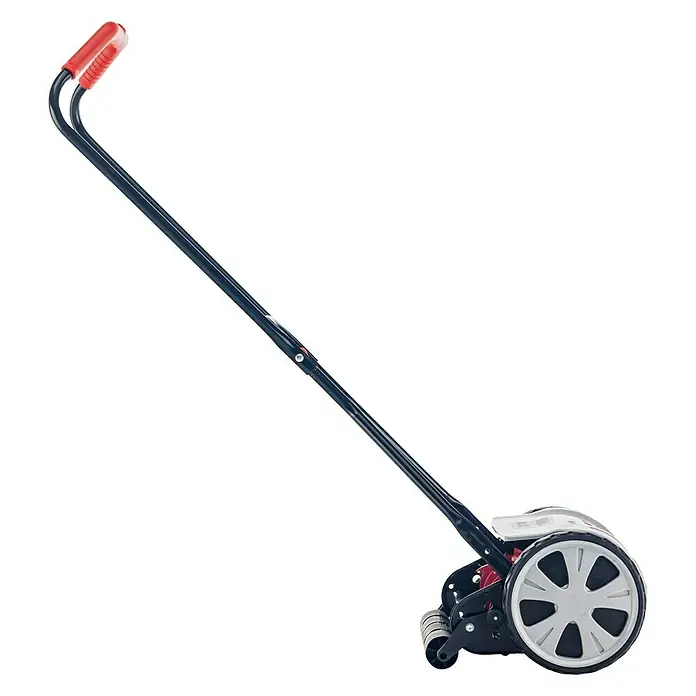 AL-KO Comfort Spindelmäher Razor Cut 38.1 HMSchnittbreite: 38 cm - Abbildung eines manuellen Rasenmähers mit rotem Griff und grauen Rädern.