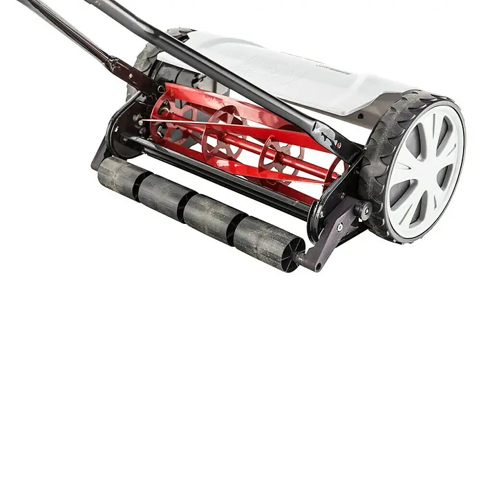 AL-KO Comfort Cortacésped helicoidal Razor Cut 38.1 HM - Ancho de corte: 38 cm - Primer plano de una cortadora de césped de carrete que muestra las cuchillas rojas y el rodillo. Ideal para un corte preciso y limpio.