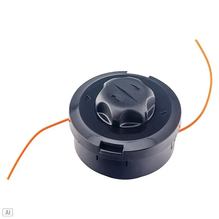 AL-KO Fadenkopf Fast & Easy - Geeignet für: Motorsensen, Schnittbreite: 41 cm - Nahaufnahme eines schwarzen Trimmerkopfs mit orangefarbener Trimmerschnur vor schwarzem Hintergrund.
