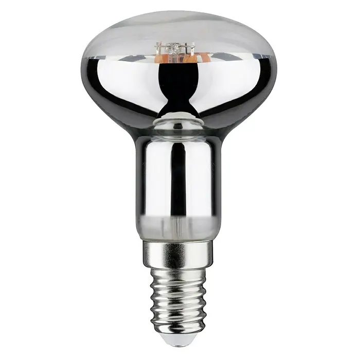 Paulmann Pflanzenlampe Grow Green - 4 W, 100 lm, R50 - Abbildung einer silberfarbenen Reflektorlampe mit E14-Sockel auf schwarzem Hintergrund. Ideal für gerichtetes Licht in Leuchten.