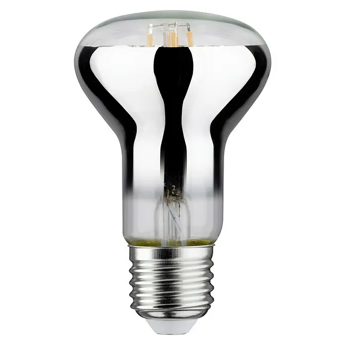 Paulmann Pflanzenlampe Grow Green - 6,5 W, 200 lm, R63 - Nahaufnahme einer R-Glühbirne mit klarem Glas, die die internen Komponenten und das filigrane Design des Leuchtmittels zeigt.