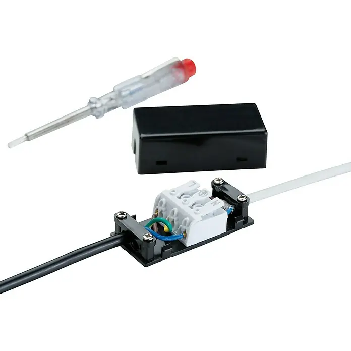 Paulmann Anschluss-Set - GU10, Leistung: 50 W - Elektrischer Anschlusskasten mit Stromprüfer, schwarzer Abdeckung und angeschlossenen Kabeln.