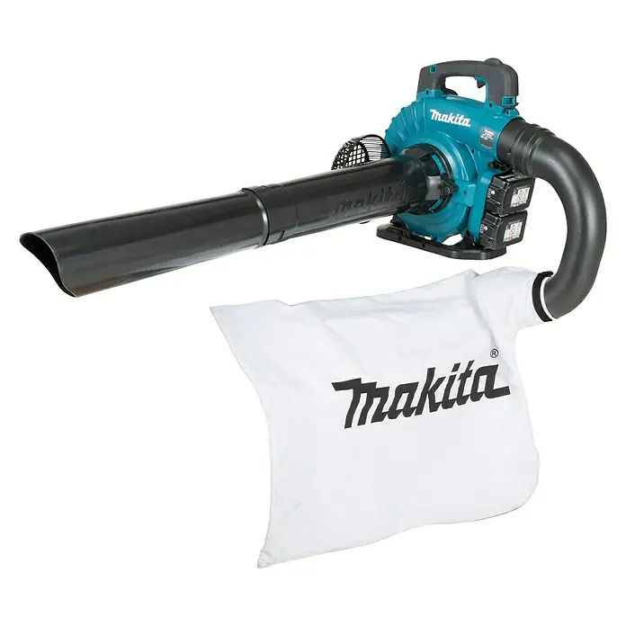 Makita LXT 18V Akku-Laubbläser DUB363PT2V - 18 V, Li-Ionen, 2 Akkus, Blasleistung: 13,4 m³/min - Auffälliges Bild eines Makita Akku-Laubsaugers mit angebrachter Staubsammelvorrichtung, ideal für die Gartenarbeit.