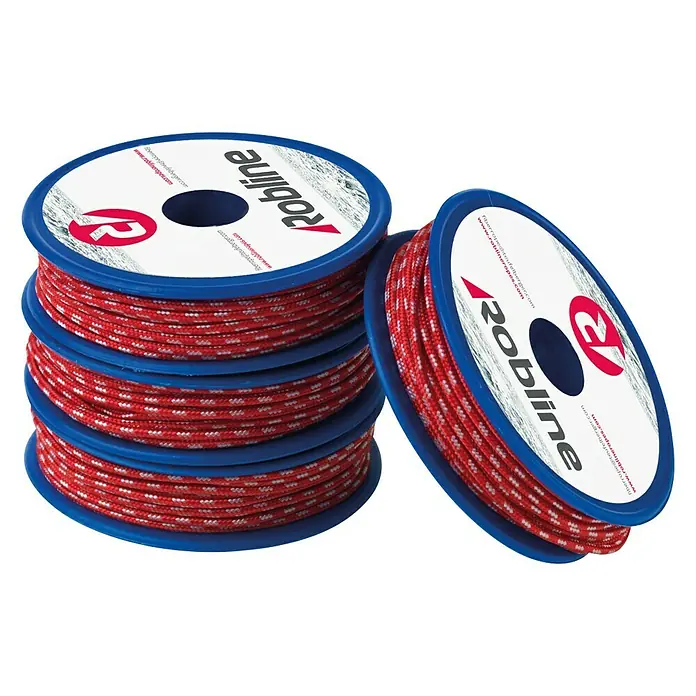 Robline Cuerda multiusos Globe 5000 - Ø x L: 1,7 mm x 10 m, Poliéster, Rojo - Pila de cinco bobinas de cuerda Robline, cuerda roja con detalles blancos.