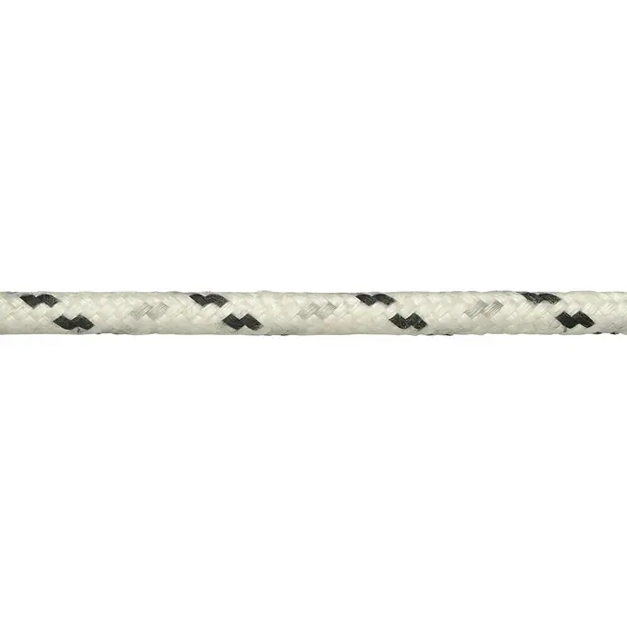 Robline Schot Meterware Neptun 500 - 6 mm, Weiß/Schwarz/Grau, Polyester - Detailaufnahme eines robusten Seils mit weißem und schwarzem Muster. Ideal für Outdoor-Aktivitäten und sichere Befestigungen.