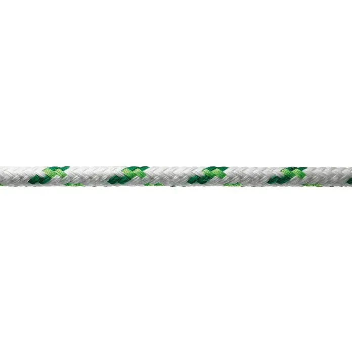 Robline Cabo a metros Neptun 500 - Diámetro: 8 mm, Poliéster, Blanco/Naranja neón/Verde - Primer plano de una cuerda robusta blanca y verde. Perfecta para diversas aplicaciones, desde aventuras al aire libre hasta proyectos artesanales.
