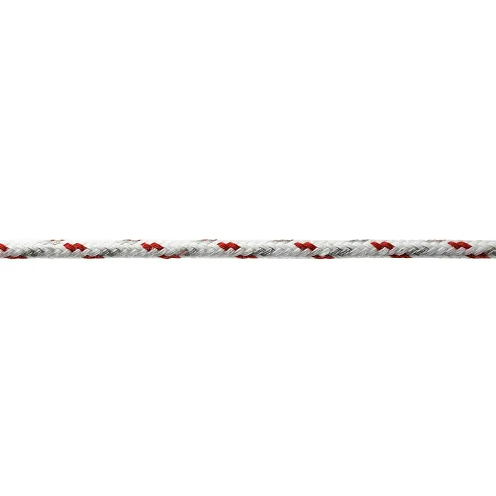 Robline Schot Meterware Neptun 500 - 8 mm, Weiß/Rot/Grau, Polyester - Nahaufnahme eines robusten, geflochtenen Seils mit roten und grauen Akzenten auf schwarzem Hintergrund. Ideal für vielfältige Anwendungen.