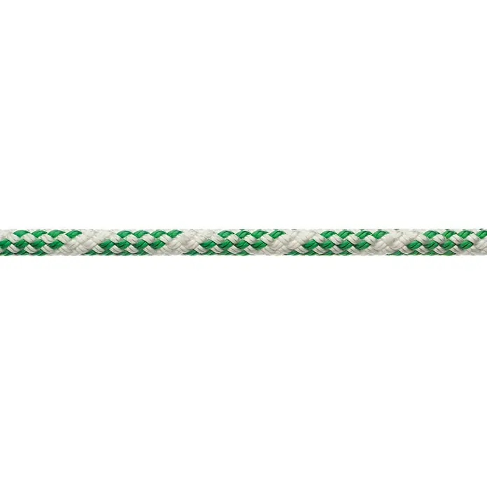 Robline Cabo a metros Sirius 300 - Diámetro: 6 mm, Poliéster, Blanco/Verde - Primer plano de una cuerda trenzada con un patrón verde y blanco, que atraviesa horizontalmente la imagen.