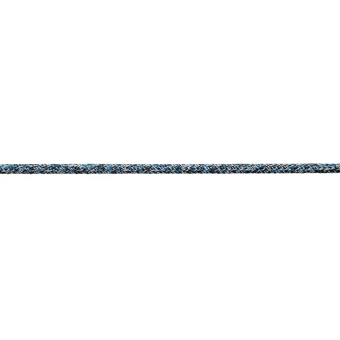 Robline Cuerda multiusos por metros Coppa 5000 - Diámetro: 5,5 mm, Poliéster, Blanco/Azul/Negro - Primer plano de una cuerda trenzada robusta con detalles en azul y gris, ideal para actividades al aire libre y aventuras.