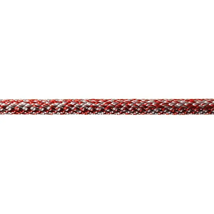 Robline Cabo a metros Sirius 500 - Diámetro: 4 mm, Poliéster, Rojo/Plateado - Primer plano de una cuerda roja y blanca sobre un fondo negro. La cuerda es el foco principal de la imagen y llena casi todo el marco.