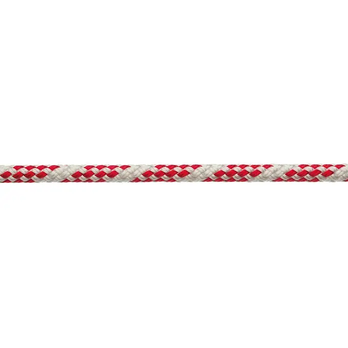 Robline Cabo a metros Sirius 300 - Diámetro: 6 mm, Poliéster, Blanco/Rojo - Primer plano de una cuerda trenzada roja y blanca. Una cuerda resistente y decorativa para diversas aplicaciones.