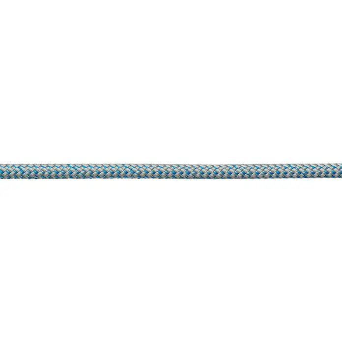 Robline Cabo a metros Sirius 500 - Diámetro: 4 mm, Poliéster, Azul marino / Plata - Primer plano de una cuerda resistente con un patrón trenzado azul y gris, perfecta para actividades al aire libre y aplicaciones de seguridad. Alta resistencia y durabilidad.
