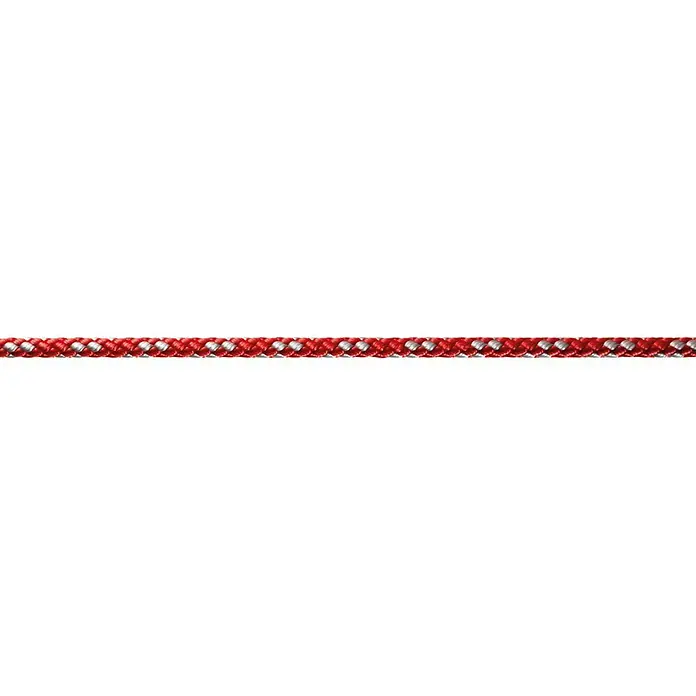 Robline Cuerda multiusos por metros 8-Plaited-Dinghy - Diámetro: 4 mm, Poliéster, Rojo/Plateado - Cuerda trenzada roja y plateada sobre un fondo negro.