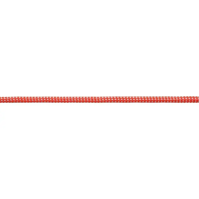 Robline Leine Meterware Dinghy Control - 3 mm, Weiß/Orange, Polyester - Detailaufnahme eines rot-weiß geflochtenen Seils, ideal für Klettern oder andere Outdoor-Aktivitäten, präsentiert auf schwarzem Hintergrund.
