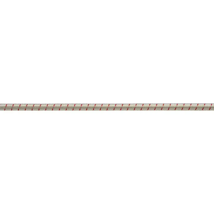 Robline Gummileine Meterware - Durchmesser: 4 mm, Weiß/Rot, Gummi - Detailaufnahme eines Gummiseils mit weiß-rotem Muster auf schwarzem Hintergrund, ideal für vielseitige Befestigungsanwendungen.