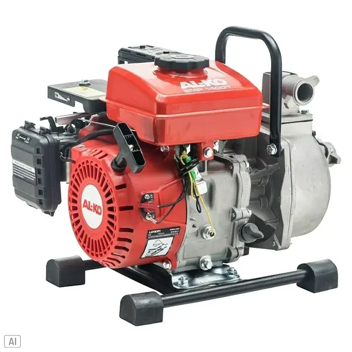 AL-KO Benzinwasserpumpe BMP 14001 - 1,7 kW, Max. Fördermenge: 12.000 l/h - Abbildung einer AL-KO BMP 14001 Benzin-Wasserpumpe. Die Pumpe hat einen roten Tank und ein robustes Gehäuse für den mobilen Einsatz.
