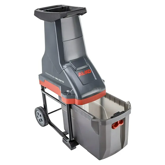 AL-KO Easy Crush Elektro-Messerhäcksler MH 2810 - Max. Aststärke: 4 cm, 2.800 W - Abbildung eines AL-KO Easy Crush MH 2810 Häckslers. Das Gerät ist grau und rot und hat einen Behälter für das Häckselgut.