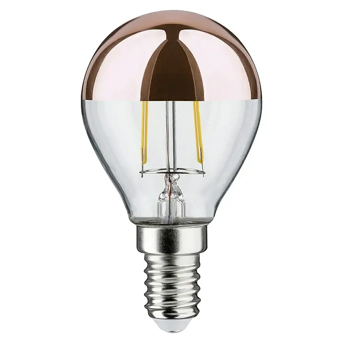 Paulmann LED-Lampe Modern Classic Edition - Nicht Dimmbar, Warmweiß, 220 lm, Kupfer Kopf - Nahaufnahme einer LED-Lampe mit verspiegelter Oberfläche, die ein warmes und einladendes Licht erzeugt.