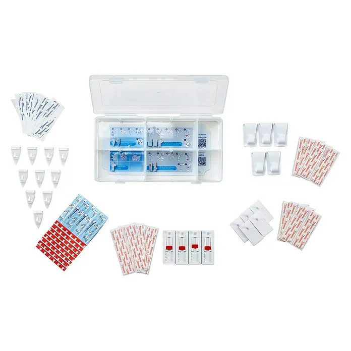 Tesa Befestigungs-Set Smart Mounting Box - Geeignet für: Glas - Ein Set von Command-Befestigungsprodukten, inklusive Haken, Streifen und einer Aufbewahrungsbox, ideal zur Befestigung ohne Beschädigung.