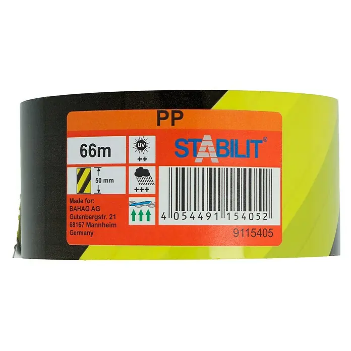 Stabilit Absperrband - 66 m x 50 mm, Gelb/Schwarz - Nahaufnahme einer Rolle Stabilite PP-Klebeband, 66 m lang und 50 mm breit.
