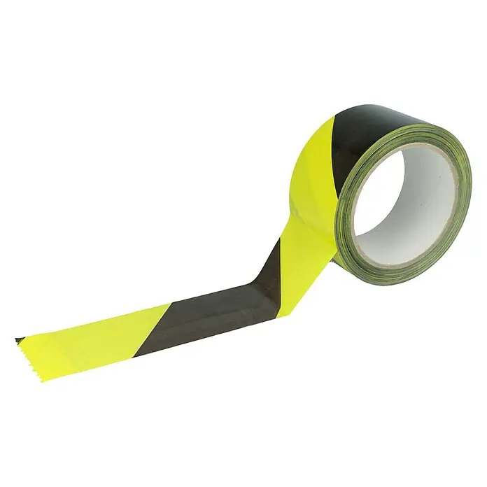 Stabilit Absperrband - 66 m x 50 mm, Gelb/Schwarz - Eine Rolle Warnband in Schwarz und Gelb, die teilweise abgewickelt ist. Ideal zur Kennzeichnung von Gefahrenbereichen und Absperrungen.