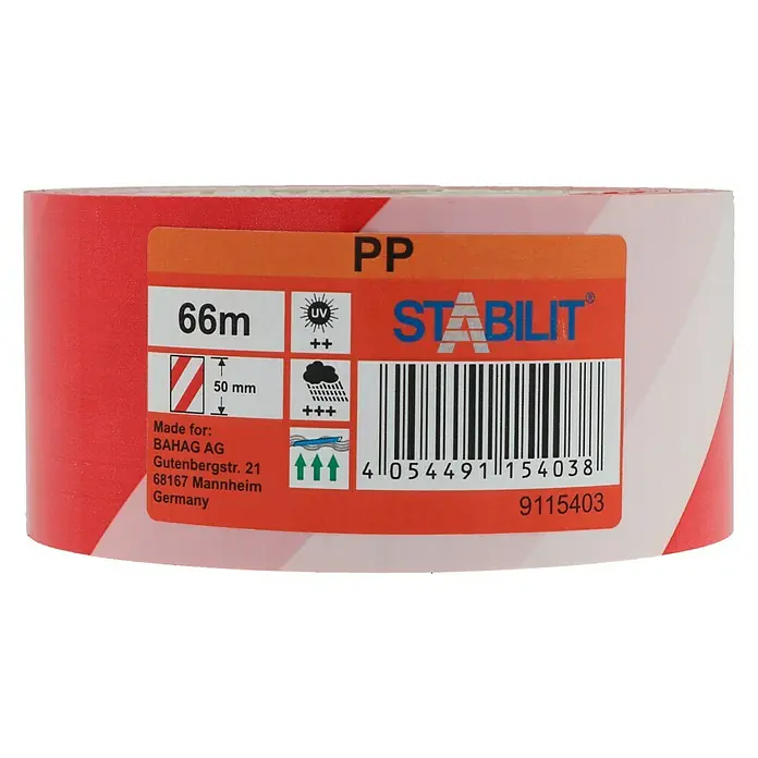 Stabilit Absperrband - 66 m x 50 mm, Rot/Weiß - Abbildung einer Rolle STABILIT PP-Absperrband mit roter und weißer Farbe, Länge 66 m, UV- und Wetterbeständigkeit.