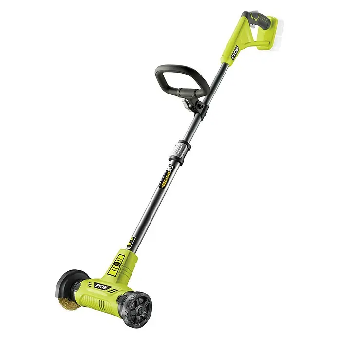 Ryobi ONE+ Limpiador de juntas de batería RY18PCA-0 - 18 V, Iones de litio, Sin batería - La imagen muestra un limpiador de bordes Ryobi, una herramienta diseñada para la limpieza de bordes, con cuerpo amarillo y ruedas.