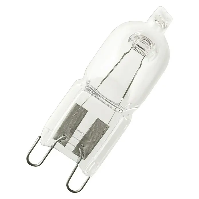 Osram Halogenlampe Halopin Oven - 25 W, G9, Warmweiß, 1 Stk. - Nahaufnahme einer klaren Halogenlampe mit U-förmigen Stiften auf schwarzem Hintergrund.