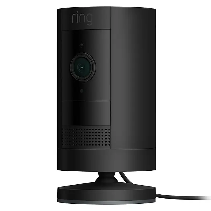 Ring Überwachungskamera außen Stick Up Cam Plug-In - Schwarz, Erfassungswinkel: 110 °, Netzbetrieben - Ring Stick Up Cam, eine smarte, kabellose Sicherheitskamera für den Innen- und Außenbereich, die Ihr Zuhause schützt.
