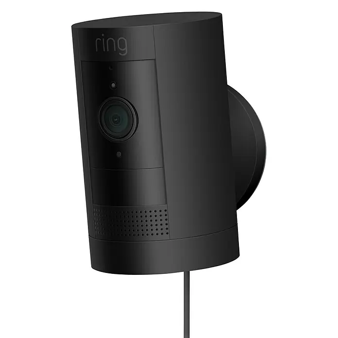Ring Überwachungskamera außen Stick Up Cam Plug-In - Schwarz, Erfassungswinkel: 110 °, Netzbetrieben - Eine schwarze Ring-Überwachungskamera zur Sicherheit Ihres Zuhauses. Sie bietet Überwachung und Bewegungserkennung.