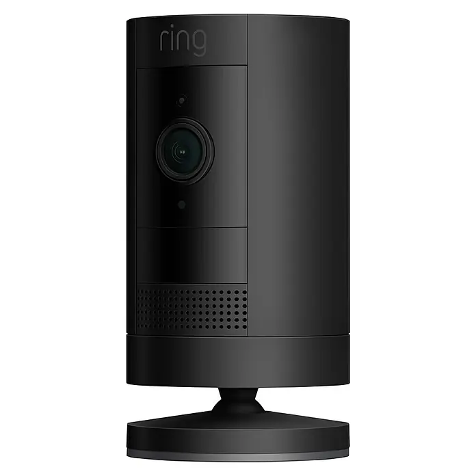 Ring Überwachungskamera außen Stick Up Cam Battery - Akkubetrieben, 1.080 Pixel (Full HD), Schwarz - Nahaufnahme einer schwarzen Ring Stick Up Cam, einer kabellosen Sicherheitskamera mit 1080p HD-Video und Bewegungserkennung für den Innen- und Außenbereich.
