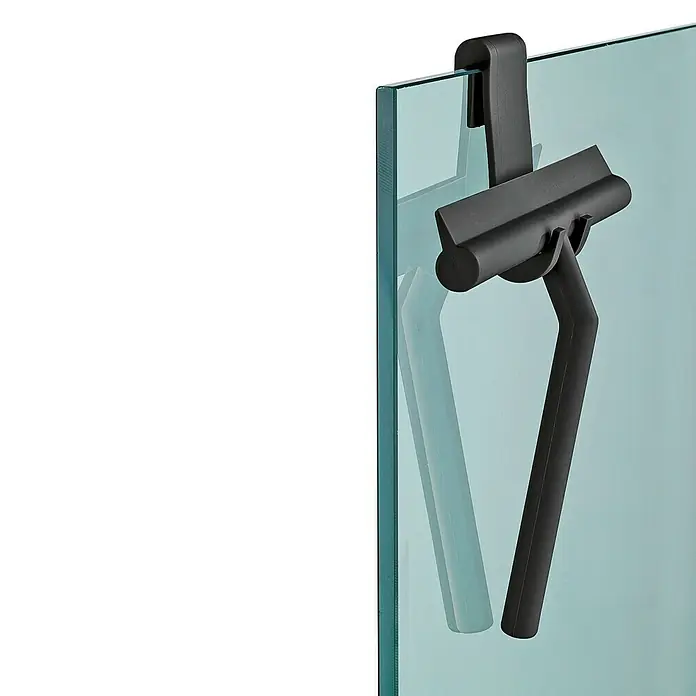 Wenko Bad- & Duschabzieher Mola - Mit Halterung, Edelstahl, Schwarz - Schwarzer Duschabzieher mit Aufhänger an einer Glastür, ideal zur Reinigung und Trocknung von Duschwänden. Praktisch und stilvoll.