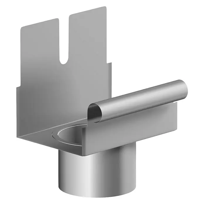 Sarei Rinnenstutzen - 70/60 mm, Aluminium, Silber - Bild eines metallischen Regenrinnenablaufs mit einem zylindrischen Auslass und Halterungen. Optimal für Entwässerungssysteme und Dachkonstruktionen.