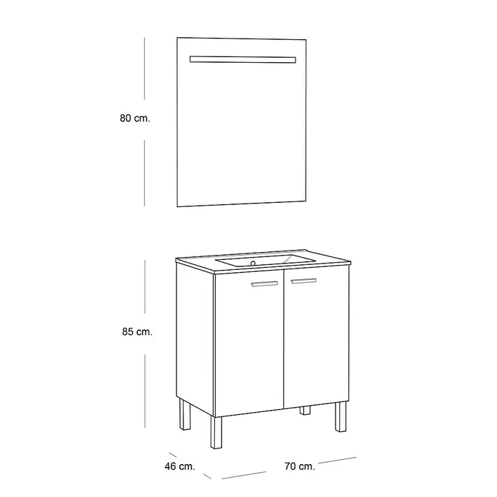 Artysan Mueble bajo de lavabo Fran - An x Pr x Al: 70 x 46 x 85 cm, Antracita - Imagen de un mueble de baño con lavabo y espejo, completo con dimensiones para dar una idea del tamaño.