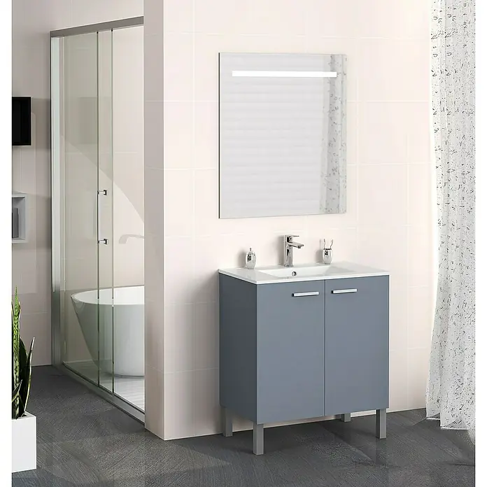 Artysan Mueble bajo de lavabo Fran - An x Pr x Al: 70 x 46 x 85 cm, Azul - Elegante tocador de baño con armario azul y espejo moderno con iluminación integrada para baños con estilo.