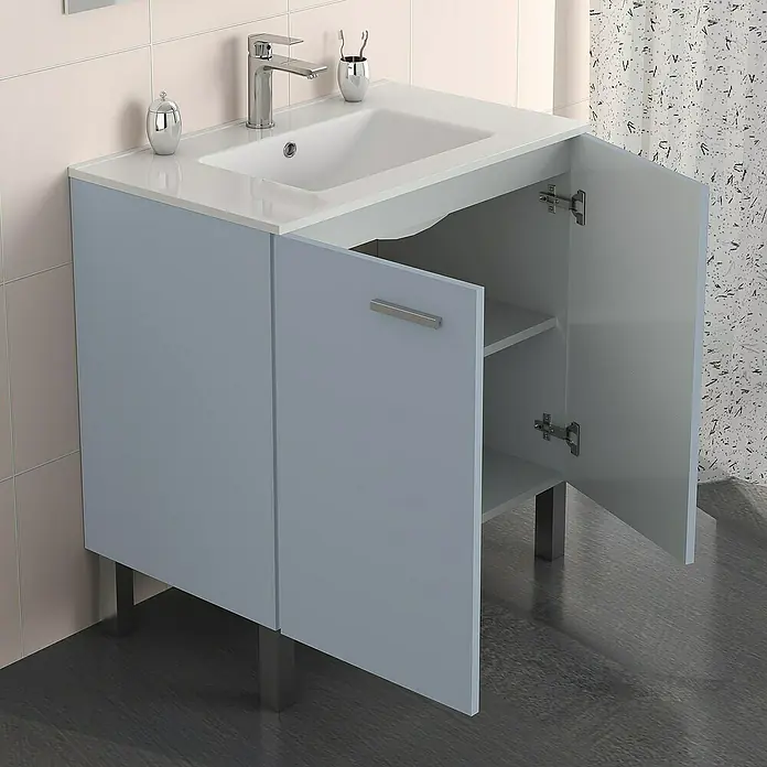 Artysan Mueble bajo de lavabo Fran - An x Pr x Al: 80 x 46 x 85 cm, Azul - Imagen de un mueble de baño gris claro con una puerta abierta y superficies blancas.