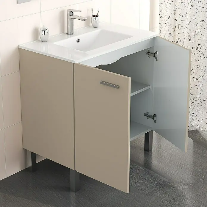 Artysan Mueble bajo de lavabo Fran - An x Pr x Al: 60 x 46 x 85 cm, Fango - Un moderno mueble de baño beige con una puerta abierta, que ofrece almacenamiento en el baño.
