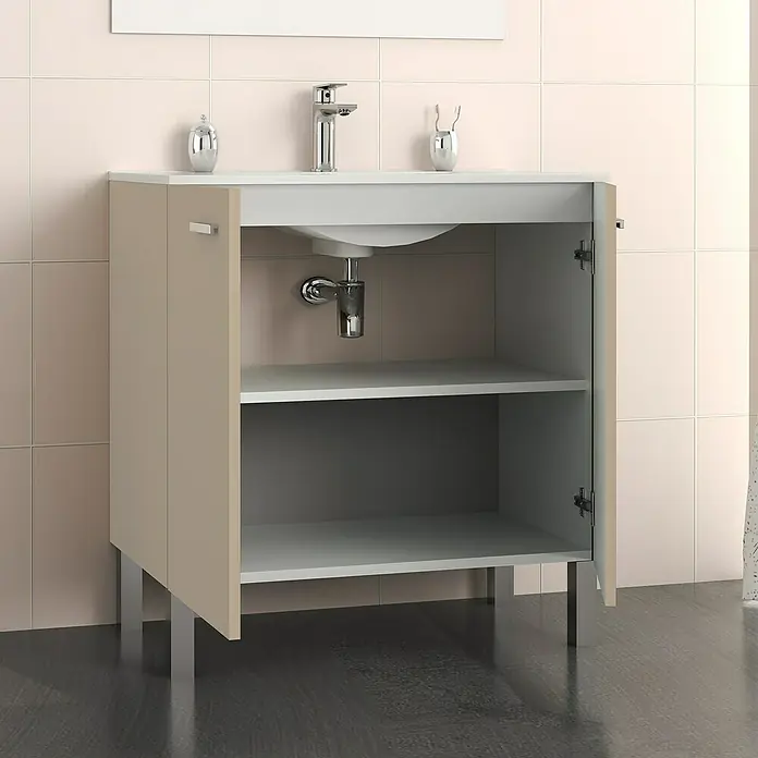 Artysan Mueble bajo de lavabo Fran - An x Pr x Al: 60 x 46 x 85 cm, Fango - Un tocador de baño con un armario abierto que muestra estantes y accesorios, una solución de almacenamiento para cualquier baño moderno.