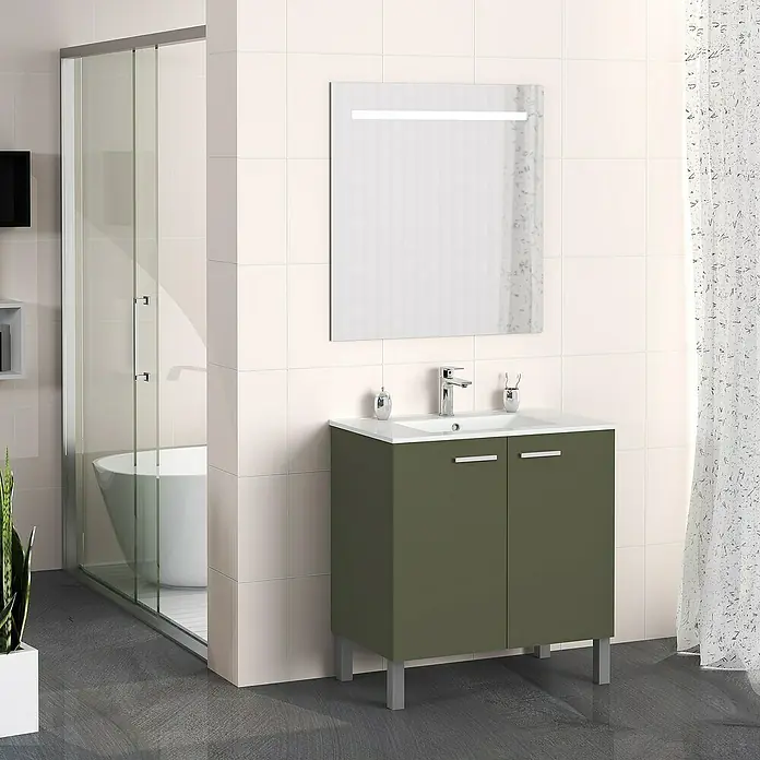 Artysan Mueble bajo de lavabo Fran - An x Pr x Al: 80 x 46 x 85 cm, Musgo - Moderno baño con mueble de lavabo verde oliva, lavabo blanco y espejo iluminado, añadiendo toques de estilo.