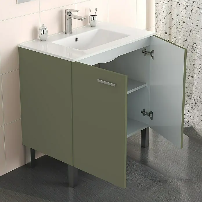 Artysan Mueble bajo de lavabo Fran - An x Pr x Al: 80 x 46 x 85 cm, Musgo - Un mueble de lavabo verde oliva con una puerta abierta, que muestra almacenamiento y una encimera blanca.
