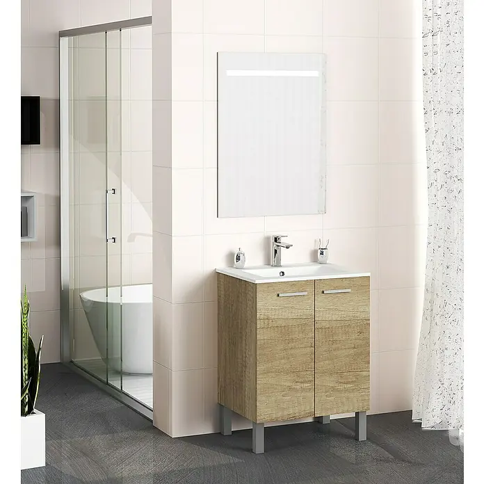 Artysan Mueble bajo de lavabo Fran - An x Pr x Al: 60 x 46 x 85 cm, Nature - Montaje de baño con un mueble de lavabo de madera y un espejo moderno con iluminación integrada.