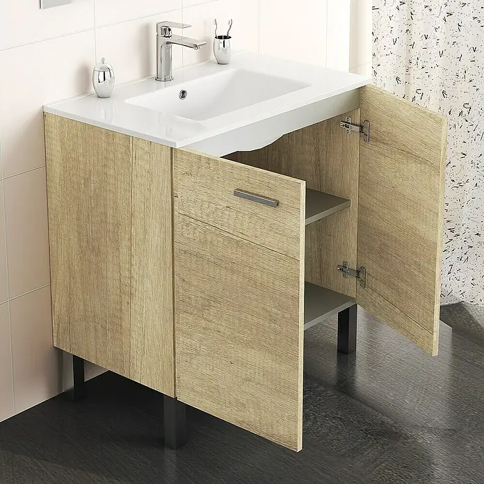 Artysan Mueble bajo de lavabo Fran kit - L x An x Al: 46 x 80 x 84 cm, Nature - Mueble de baño de madera clara con dos puertas, abierto, que muestra el estante interior y los accesorios.