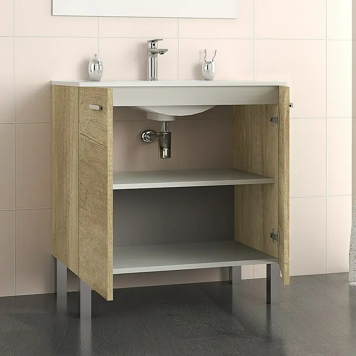 Artysan Mueble bajo de lavabo Fran kit - L x An x Al: 46 x 60 x 84 cm, Nature - Un mueble de baño abierto con lavabo, estantes y patas plateadas, que combina diseño moderno y funcionalidad para almacenaje.