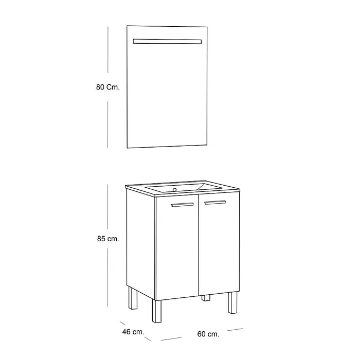 Artysan Mueble bajo de lavabo Fran - An x Pr x Al: 60 x 46 x 85 cm, Fango - Ilustración de un mueble de baño con lavabo y espejo, con medidas detalladas. Mueble práctico y elegante para cualquier baño.