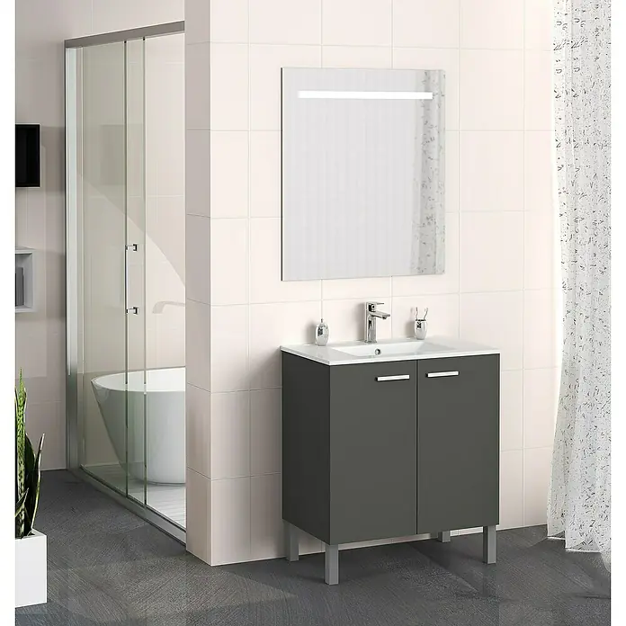 Artysan Mueble bajo de lavabo Fran - An x Pr x Al: 70 x 46 x 85 cm, Antracita - Elegante conjunto de baño con mueble de lavabo gris, espejo moderno y ducha para un ambiente elegante.