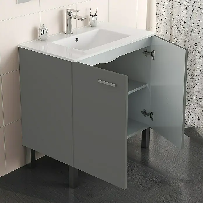 Artysan Mueble bajo de lavabo Fran - An x Pr x Al: 80 x 46 x 85 cm, Antracita - Mueble de lavabo gris con puerta abierta que muestra estante, añadiendo toques elegantes al baño con su diseño moderno.