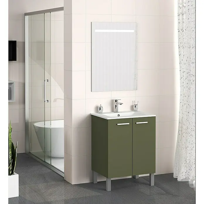 Artysan Mueble bajo de lavabo Fran - An x Pr x Al: 60 x 46 x 85 cm, Musgo - Elegante interior de baño con un moderno mueble de lavabo verde oliva, destacando su diseño elegante y funcionalidad.
